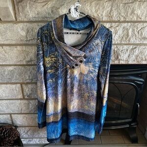 Lily by Firmiana Blue and Gold Women's Tunic Top Floral XL